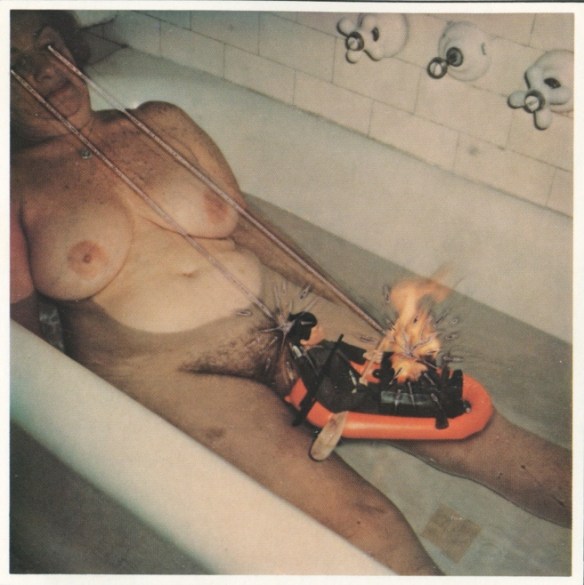 Les Krims, GI Joe Wounded and In Flames Fleeing the Giant Nude Monster, 1975.   From Fictcryptokrimsographs, Krims' wonderfully inventive book of manipulated Polaroids. SX-70