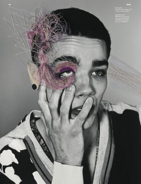 Miles wears T-shirt and Sweater by Galliano. From Dazed and Confused, 2011. By Maurizio Anzeri. In point of fact, and lest we forget how absurd the fashion industry often is, here are just some of the credits we are asked to acknowledge in connection with this photograph: Photography Richard Burbridge Styling Robbie Spencer Artwork Maurizio Anzeri Hair Duffy at Tim Howard Management Make-up Francelle at Art + Commerce using NARS Cosmetics Model Miles at Root, Photographic Assistants Jeff Henrikson, Kim Reenberg Styling Assistants Elizabeth Fraser-Bell, Daniel Edley Hair Assistants Peter Matteliano, Yoko Sato Make-up Assistants Hiroko Takada Casting Edward Kim at House Casting It's a picture whose entire appeal comes from Anzeri's work.  He's done it many times to just as good effect upon pictures picked up more or less as junk.  All those other  people are hitching a free ride on that one person's work.  