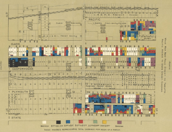 Florence Kelley - Hull House Map of Poverty in Chicago - brothels on clark Street