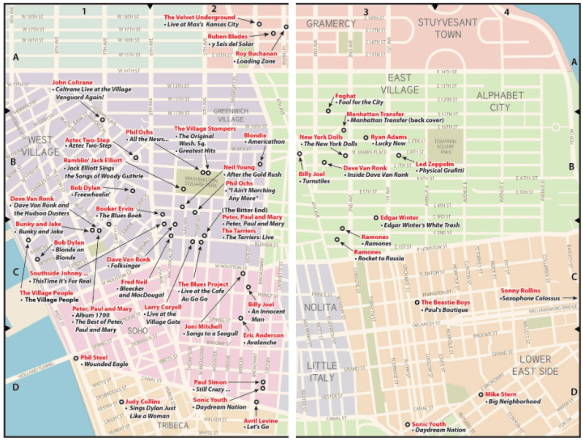 Map of locations of record covers in Greenwich Village and East Village